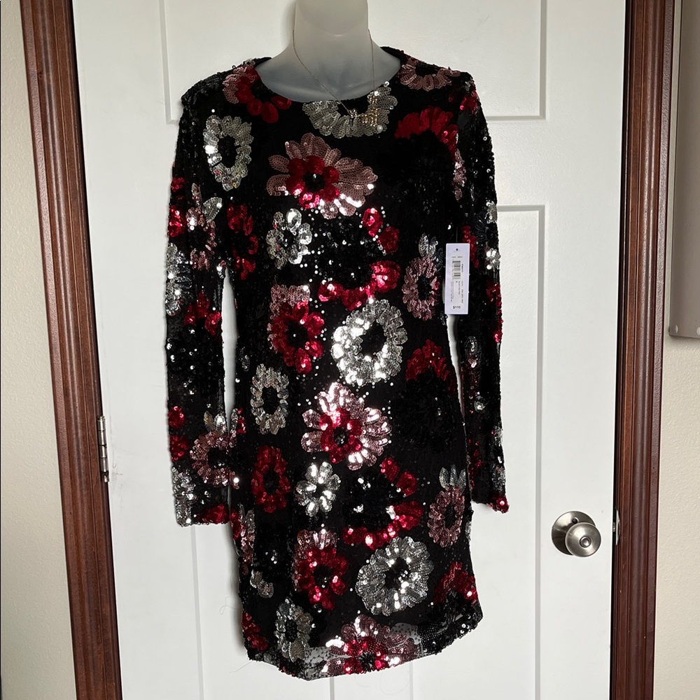 Sequin Floral Mini Dress - Black and Red